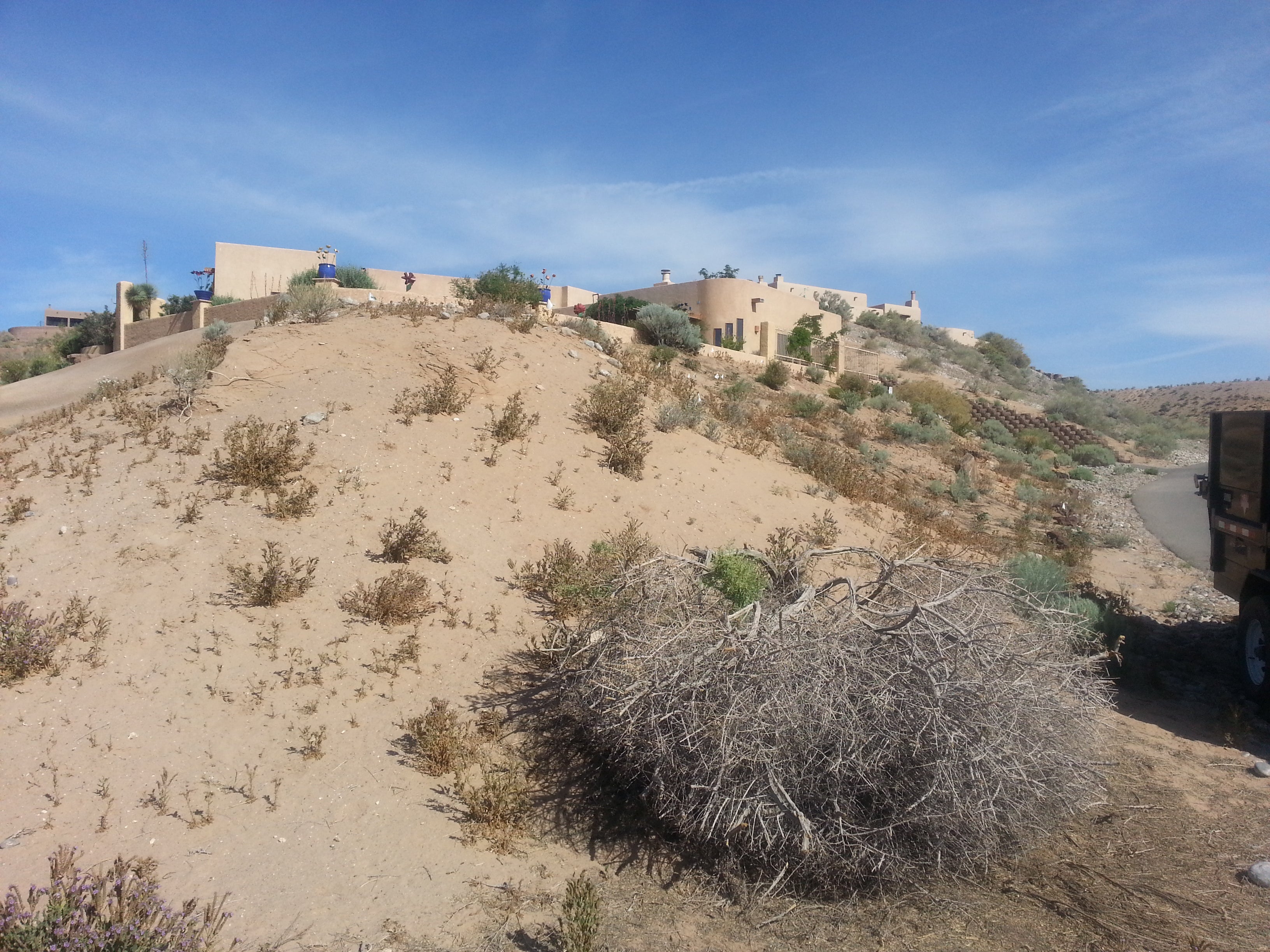 Desert with a building on a hill under a blue sky.
